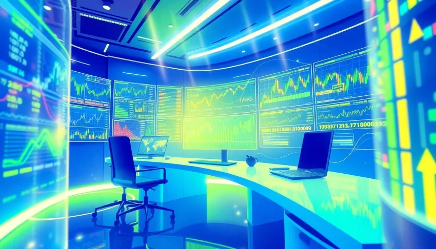 Explore the vibrant world of tradings with a futuristic trading desk showing dynamic stock charts and currency symbols.