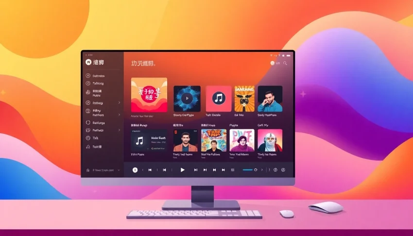Explore the features of 汽水音乐电脑版 through a sleek desktop interface design showcasing vibrant music controls.