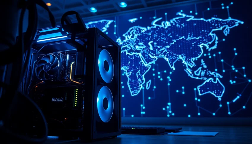 Explore Bitcoin mining technology with advanced mining rig and glowing network.