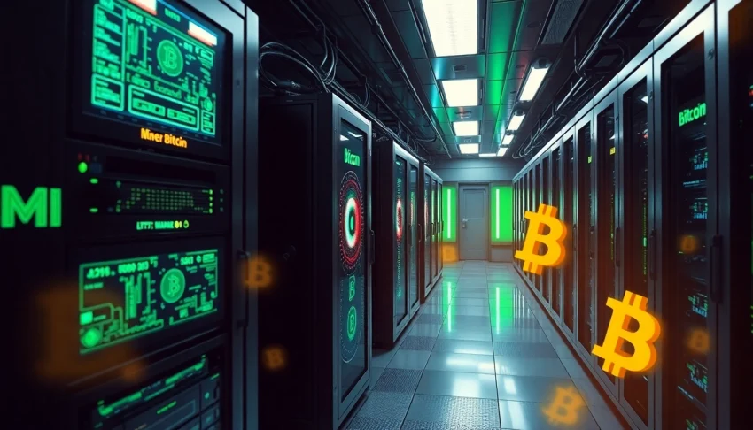 Explore the intricate processes of Bitcoin mining within a futuristic facility, showcasing advanced computers and digital currency.