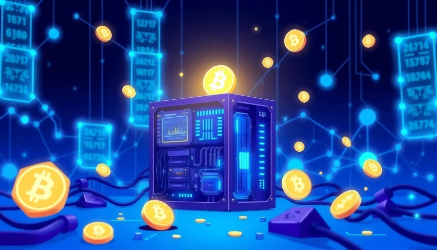 Visualize Bitcoin mining with a dynamic mining rig amid a blockchain network, showcasing innovation.