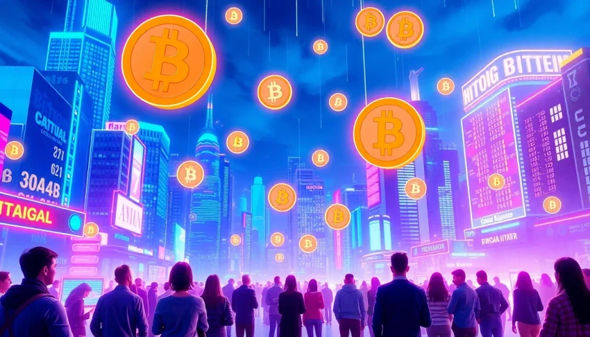 Explore Bitcoin floating above a bustling futuristic city, showcasing digital transactions and interactions.