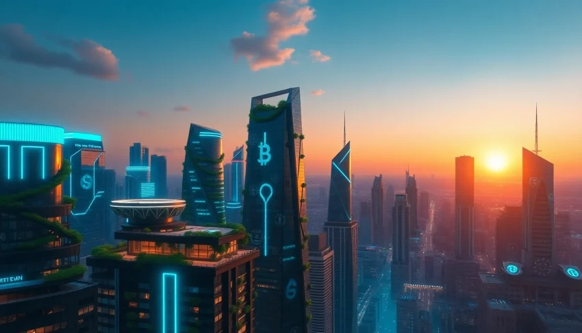 Visualize crypto's future through a futuristic city merge of technology and nature.