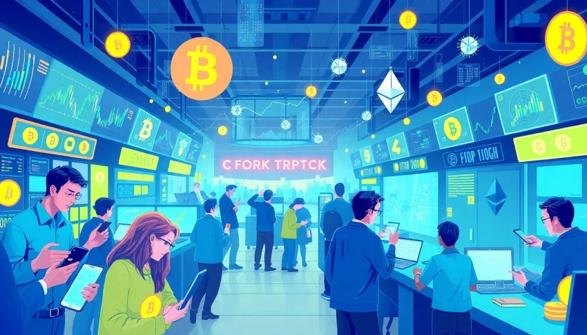 Explore the vibrant world of Crypto trading through a dynamic marketplace scene filled with traders and digital assets.