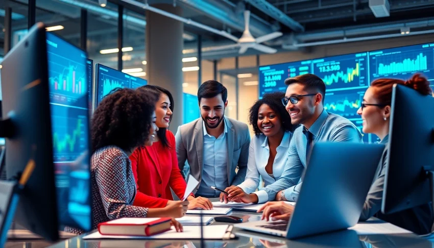 Analyze market insights collaboratively in a vibrant workspace.