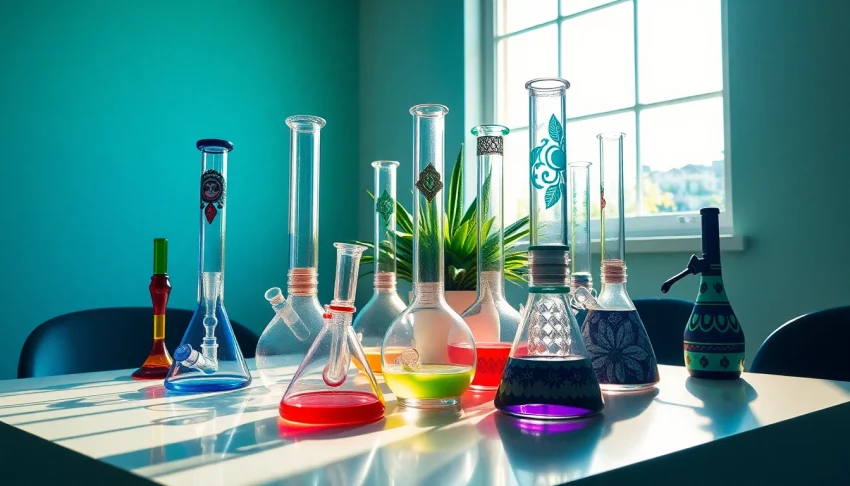 Explore unique, artistic bongs displayed on a modern table, showcasing variety and style.