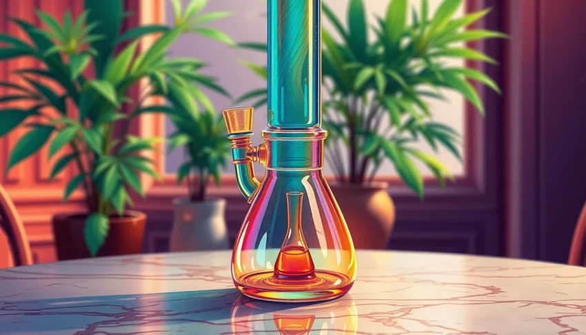 Admire this exquisite glass bong showcasing intricate design and vivid colors on a stylish marble table.